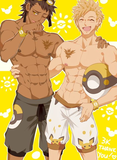 Pokemon Go Spark and trainer Team Instinct Spark, Pokemon Go Teams Leaders, Gijinka Pokemon, Team Instinct, Anime Guys Shirtless, Pokemon Teams, Pokemon Fan Art, Anime Men, My Pokemon