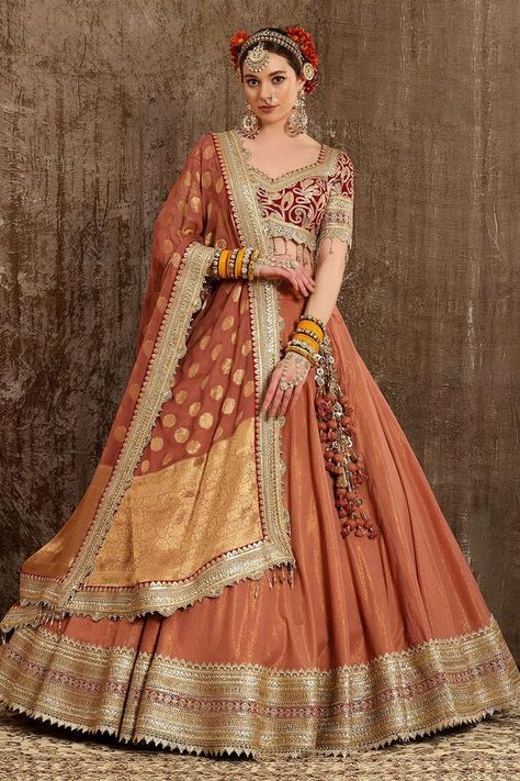 Buy MOHA Atelier Gold Organza Sequin Embroidered Lehenga And Blouse Set Online | Aza Fashions Zari Lehenga, Chanderi Lehenga, Baby Pink Blouse, Purple Lehenga, Orange Lehenga, Wedding Lehenga Designs, Maroon Blouse, Red Lehenga, Indian Wedding Wear