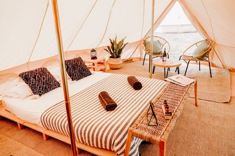 Bell Tent Interior, Bell Tent Glamping, Bell Tent Camping, Glam Camping, Glamping Ideas, Canvas Bell Tent, Bell Tents, Timber Beds, Eco Furniture