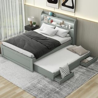 Platform Bed w/ Twin Size Trundle Multi-functional Storage Headboard, Charging Station and 3 Drawers - Bed Bath & Beyond - 40277047 Led Headboard, Headboard With Shelves, Modern Platform Bed, Twin Platform Bed, Twin Xl Bedding, Platform Bed With Storage, Get Out Of Bed, Wood Bed Frame, Headboard Storage