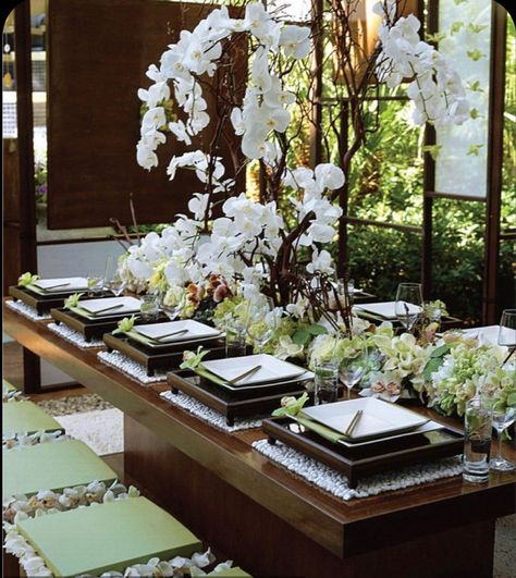 Asian Table Decorations, Asian Inspired Table Settings, Asian Themed Dinner Party Decor, Asian Wedding Table Decor, Zen Wedding Decor, Asian Table Decor, Asian Centerpiece Ideas, Sushi Table Setting Ideas, Asian Dinner Party Decorations