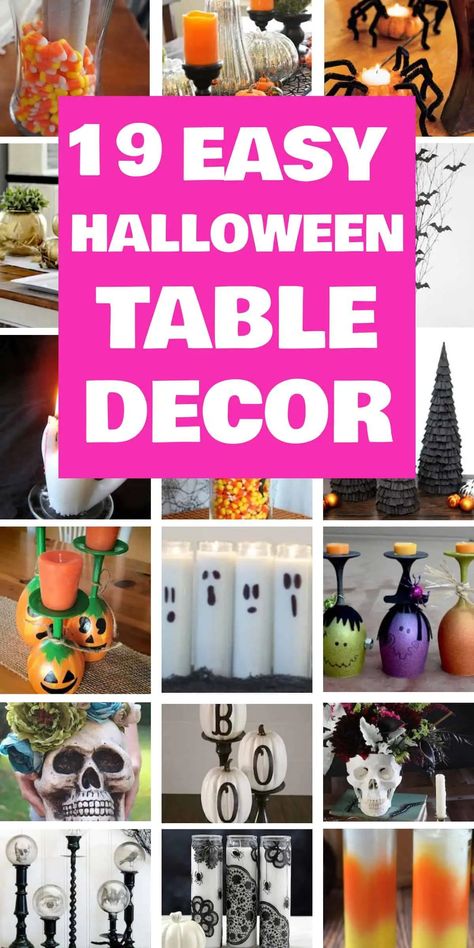 19 Easy Halloween Table Decor Ideas Halloween Dinner Party Table Decor, Tabletop Halloween Decor, Cute Halloween Centerpieces, Halloween Table Decorations Ideas, Easy Halloween Table Decorations, Halloween Table Decorations Diy, Halloween Candy Table Ideas, Halloween Trick Or Treat Table, Halloween Party Table Setup