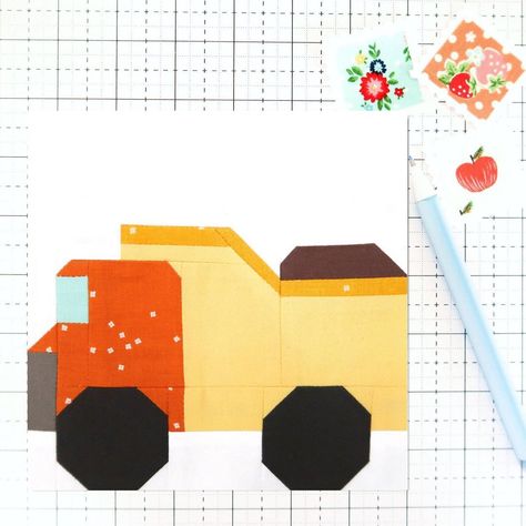 Happy Friday! It’s a beautiful day here and I just published 3 new quilt block patterns in a transportation/open road theme! Trucks and other vehicles have been much requested so I’m really excited about these! The first block pattern is the dump truck. Just like all of my other patterns, this pattern includes measurements and instructions for 6” and 12” finished blocks and uses all traditional piecing! | Fabric from Riley Blake Designs Free Quilt Patterns Printables, Truck Quilt, Picture Blocks, Farm Quilt Patterns, Camper Quilt, Strip Piecing, Farm Quilt, Rose Quilt, Pdf Quilt Pattern