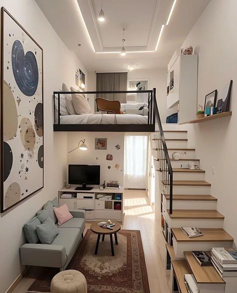 Mini Home Interior, Mezanine Interior Small House Plan, Small Loft Apartment Studio Apt Tiny Spaces, Cute Loft Apartment, Very Small Apartment Ideas, Loft Type House Small Spaces, Square Bedroom Layout, Small Loft Apartment Ideas, Mini Studio Apartment Ideas