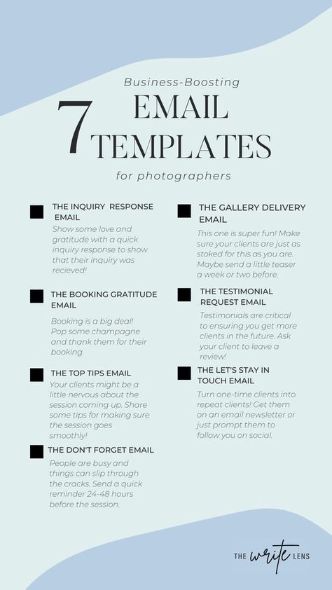 Oh, emails. How we love and hate them. They're critical for success as a creative business-owner. Make sure you have these seven photographer-based email templates pre-written so you can easily. How To Send An Email, How To Start An Email, Small Business Email Ideas, Small Business Email Marketing, Pdf Template Design, Email Templates Business, Email Template Design Business, Marketing Email Template, Photographer Email Templates