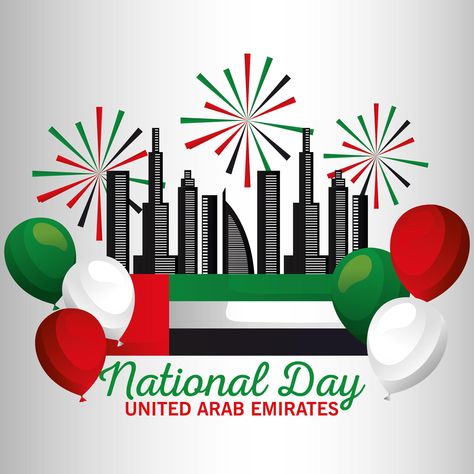 Uae national day with flag, fireworks, balloons and city vector design Uae Flag Day Design, Uae National Day Design, Flag Day Uae, Uae Flag, Uae National Day, New Nail Art Design, City Vector, Flag Day, New Nail Art