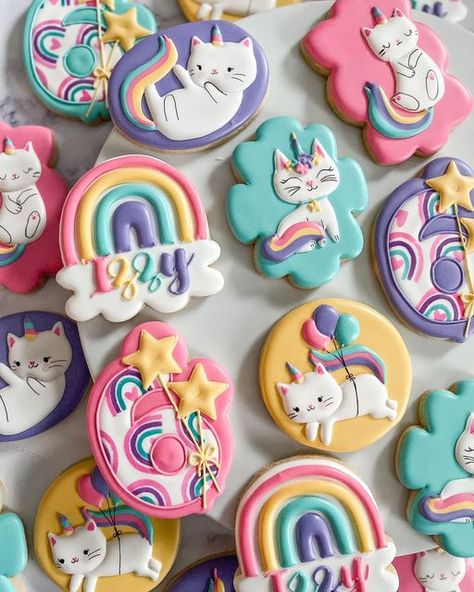 Caticorn Birthday Party Ideas, Rainbow Cat Party Theme, Caticorn Cookies, Kitty Corn Birthday Party, Rainbow Cat Birthday Party, Unicorn Cat Birthday Party, Caticorn Cupcakes, Kittycorn Birthday Party, Caticorn Birthday Party