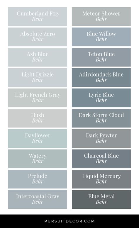 Best Behr Blue Gray Paint Colors for Cool Calming Vibes - Pursuit Decor Prelude Behr Paint, Drizzle Behr Paint Color, Cumberland Fog Behr Paint, Behr French Gray, Light French Grey Behr, Behr Drizzle Paint Color, Behr Ash Blue, Grey Blue Paint Behr, Beachy Blue Paint Colors Behr