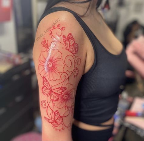 Red Flower Sleeve Tattoo, Red Ink Shoulder Tattoos For Women, Red Shoulder Tattoos For Women, Red Ink Tattoos For Women, Flower Leg Tattoos Women, Red Ink Flower Tattoo, Red Sleeve Tattoo, Red Flowers Tattoo, Dragon Hand Tattoo