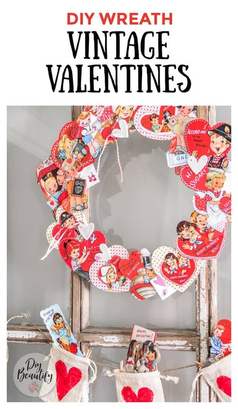 Vintage Valentine Crafts Diy, Kitschy Valentines, Valentines Day Projects, Cottagecore Cabin, Retro Valentine Cards, Vintage Valentine Crafts, Valentine Tablescape, Vintage Valentines Decorations, Diy Valentines Day Wreath