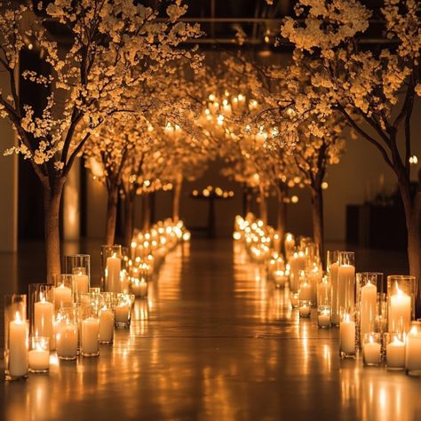 Lighted Trees For Wedding Receptions, Candle Wedding Alter Ceremony Backdrop, Candle Lit Wedding Aisle, Candle Wedding Aisle, Wedding Alter Candles, Wedding Lights Indoor, Candle Lit Wedding Ceremony, Candle Wedding Ceremony, Candle Lit Aisle