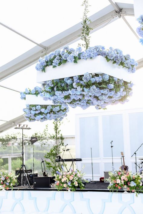 Hydrangeas At Wedding, Pastel Hydrangea Wedding, Hanging Hydrangeas Wedding, Blue Hydrangea Wedding Decorations, Dance Floor Floral Installation, Hanging Wedding Florals, Wedding Floral Ceiling, Flowers Hanging From Ceiling Wedding, Hydrangea Ceiling