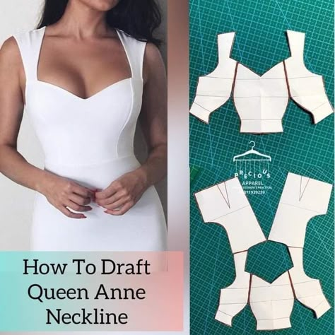 Queen Anne Neckline Pattern, Neckline Pattern Drafting, Corset Pattern Drafting, Neckline Pattern, Pattern Drafting Tutorials, Queen Anne Neckline, Dress Patterns Diy, Fashion Drawing Tutorial, Sewing Clothes Women