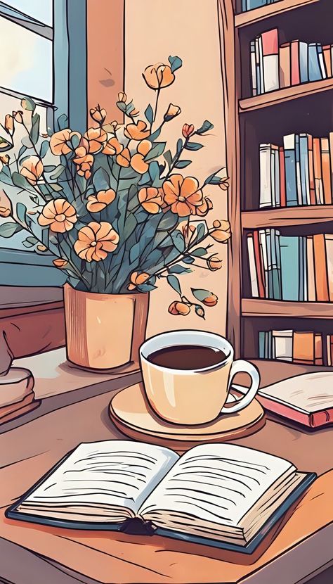 Books And Coffee, Doodle Ideas, Coffee Illustration, Book Wallpaper, Girly Art Illustrations, Cool Wallpapers Art, Coffee And Books, Dreamy Art, Girly Art