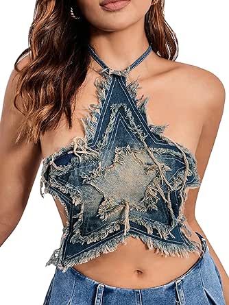 Verdusa Women's Y2K Denim Halter Top Tie Backless Raw Trim Crop Cami Denim Halter Top, Denim Top Women, Shein Icon, Womens Halter Tops, Denim Crop Top, Y2k Denim, Dress Gloves, Halter Tops, Streetwear Fashion Women