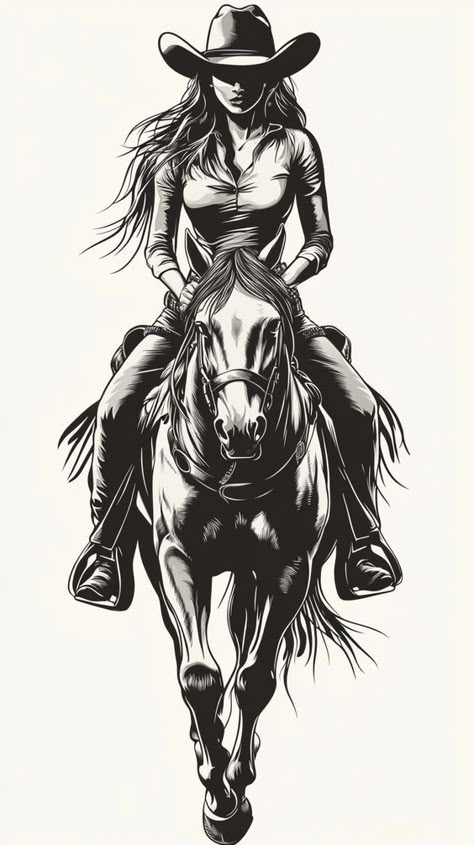 Cowgirl On A Horse Tattoo, Cowgirl On Horse Drawing, Cowboy Art Drawing, Cowgirl Drawings, Cowgirl Sketch, Woman On Horse, Cowboy Drawing, Cowgirl Tattoo, Cowboy Bebop Tattoo