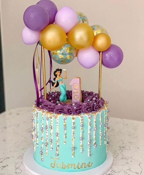 28 Simple Jasmine Cake ideas for 2020 #cake #birthday Jasmine Flower Cake, Jasmine Birthday Cake, Princess Jasmine Cake, Cake With Balloons, Jasmine Cake, Princess Jasmine Party, Aladdin Cake, Aladdin Birthday Party, Princess Jasmine Birthday Party