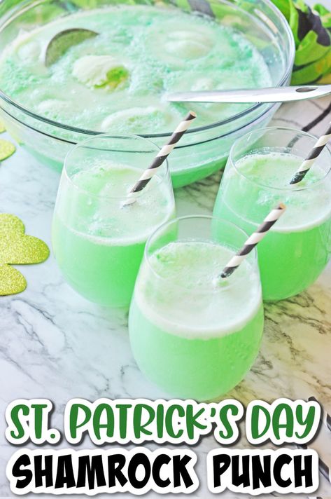 This Shamrock Punch adds Irish cheer to any St. Patrick’s Day celebration! It’s a super easy green drink recipe and makes the perfect centerpiece for all of your St. Paddy’s day festivities. Green Sherbet Punch, Shamrock Punch, St Patty's Day Drinks, Drinks With Sprite, Green Punch Recipes, St Patricks Food, Lime Sherbert, Shamrock Shake Recipe, Green Drink Recipes