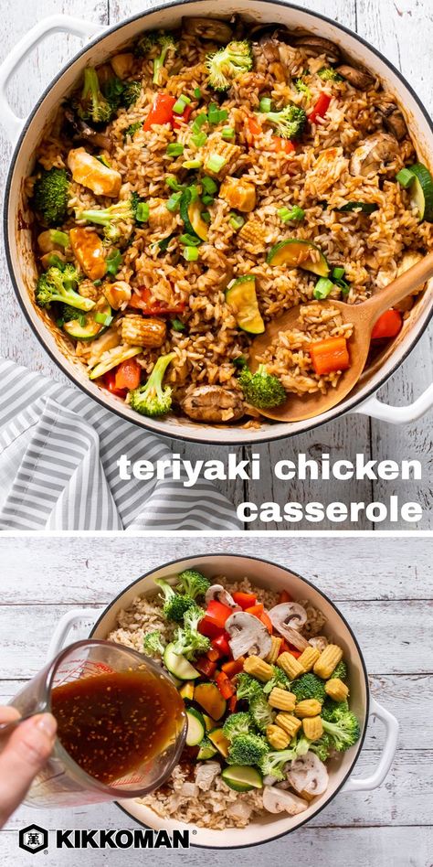 Teriyaki Chicken Casserole | Try a new casserole on for size! This easy family dinner makes a great meal prep recipe for busy weeks! With chicken breast, veggies, and brown rice for balanced nutrients, the savory taste of Kikkoman® Teriyaki Takumi, Original adds umami flavor to this quick meal. Ready in under an hour, this dish serves 6 and is freezable for lunches and leftovers, too! Delicious with salad or fresh-cut veggies on the side. It’s takeout at home! #Kikkoman Casseroles Easy, Teriyaki Chicken Casserole, Pollo Teriyaki, Casserole Chicken, Chicken Recipes Boneless, Baked Chicken Recipes Easy, Healthy Chicken Recipes Easy, Shredded Chicken Recipes, Diner Recept