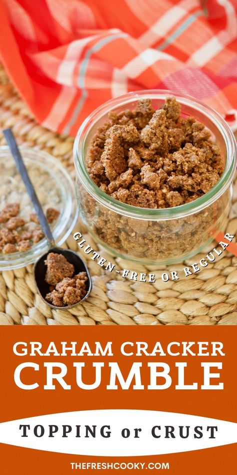 Buttery graham cracker crumble is lightly sweetened and flavored with warm fall spices. Top everything from yogurt to pancakes, ice cream to pumpkin pie, you will love how versatile this topping is! Plus it bakes up into a fall spiced graham crust too! Make gluten-free or regular. Recipe via @thefreshcooky #grahamcrackercrumble #grahamcrumble Ice Cream Crumble Topping, Leftover Graham Crackers, Graham Wafer Crust Recipe, Graham Cracker Crumble Topping, Graham Crumbs Recipes, Graham Cracker Crumb Recipes, Graham Cracker Streusel, Graham Cracker Topping, Graham Cracker Ice Cream