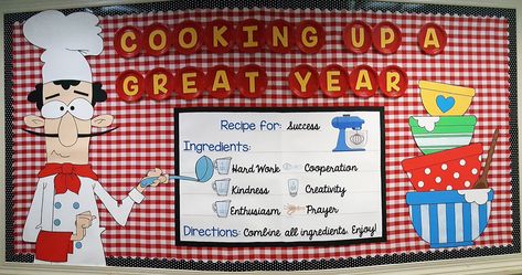 Chef bulletin board Chef Classroom Theme, Chef Bulletin Board Ideas, Pasta Bulletin Board, Baking Bulletin Board Ideas, Recipe For Success Bulletin Board, Restaurant Bulletin Board Ideas, Breakfast Bulletin Board Ideas, School Lunchroom Bulletin Board Ideas, Food Themed Bulletin Boards