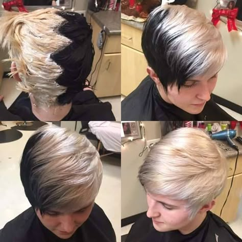 Short Hair Color Placement, Creative Hair Dye Placement, Pixie Split Dyed Hair, Split Dye Pixie Cut, Block Color Hair Placement, Color Placement Guide, Hair Color Placement Ideas, Creative Hair Color Placement, Blonde Hair Summer