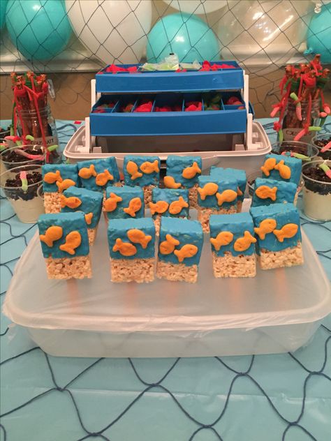 Fishing Themed Birthday Party Kids, Ofishally One Birthday Favors, Fishing Birthday Party Snacks, Fish Party Decor, Fishing Themed Desserts, Lake Themed Food, Fish Themed Gender Reveal Ideas, Fishing 2nd Birthday Party, Fish Themed Birthday Party Decorations