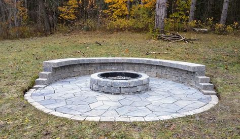 Lowes Decor Beltis Fire Pit Kit - Shadow Blend ~ Lowes Decor 20-in x 15-in Concerto Slab Patio Stone - Shadow Blend ~ Unilock Brussels Block Half - Limestone (Border) ~ Unilock Brussels Dimensional Stone - Limestone (Wall)