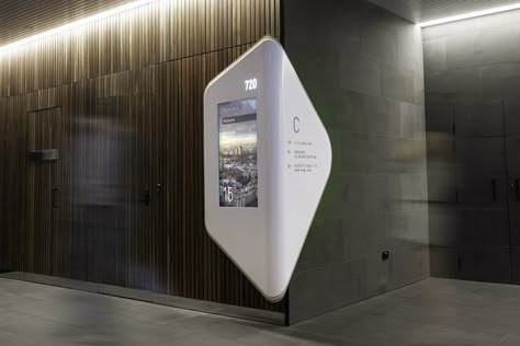 Medibank's Melbourne headquarters by Alexander Meeks of Adherettes used Corian for signs. Digital Directory Signage, Digital Signage Design, Corian Colors, Digital Kiosk, Wayfinding Design, Wayfinding System, Exterior Signage, Signage Display, Signage System