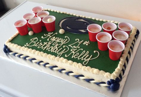 21st Birthday @ PSU - Beer Pong 21st Birthday Celebration Cake. Mini red solo cups are filled with a lemon jello shot with a foamy top to look like beer. PSU logo, braids and paws were made from modeling chocolate. Inside it is blue velvet (same as red only blue!). Birthday Cake For Guys, Cake For Guys, Beer Pong Cake, 21st Birthday Cake For Guys, Guys 21st Birthday, 21st Bday Ideas, 21st Cake, Birthday Cake For Him, 21st Birthday Cakes