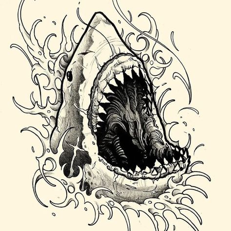 Clock Tattoo Design Births Women, Tattoo Shark, Nautical Tattoo Sleeve, Shark Drawing, Clock Tattoo Design, Ocean Tattoos, Nautical Tattoo, Shark Art, Creepy Tattoos