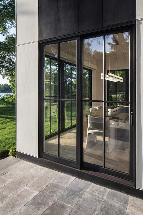 Farmhouse Sliding Patio Doors, Sliding Doors Front Of House, Corner Slider Doors, Kitchen Doors To Outside Patio, French Door Sliders Patio, Sliding Outside Doors, Grid Sliding Glass Door, Modern Glass Sliding Door Exterior, Modern Sliding Glass Doors Living Room