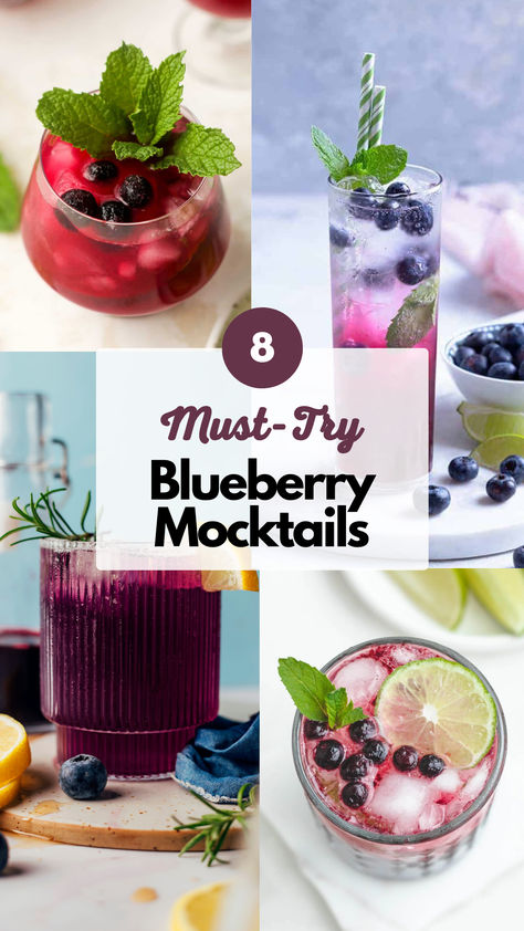 Blueberry Mocktails Blueberry Basil Mocktail, Blueberry Mint Mocktail, Blueberry Mocktail Non Alcoholic, Blueberry Mocktail Recipes, Blueberry Drinks Nonalcoholic, Blueberry Mocktail, Non Alcoholic Mocktail, Fruity Mocktail, Blueberry Drink