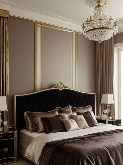 Royal Bedroom Aesthetic, Royal Bedroom Ideas, Royal Luxury Bedroom Design, Royal Bedroom, Dark Wood Furniture, Silk Curtains, Luxury Bedroom Design, Velvet Headboard, Dark Home Decor