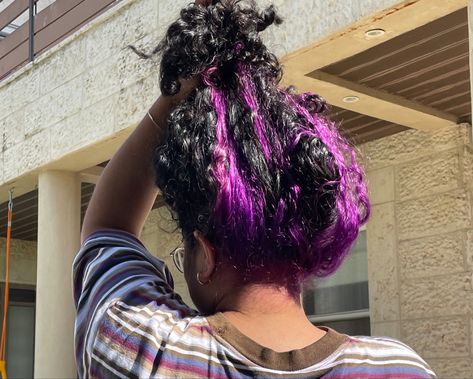 Dyed Underlayer, Underhair Color Dyed Hair, Purple Skunk Stripe Hair, Dyed Underlayer Curly Hair, Underhair Dye, Purple Natural Hair, Skunk Stripe, Dyed Curly Hair, Dyed Hair Purple