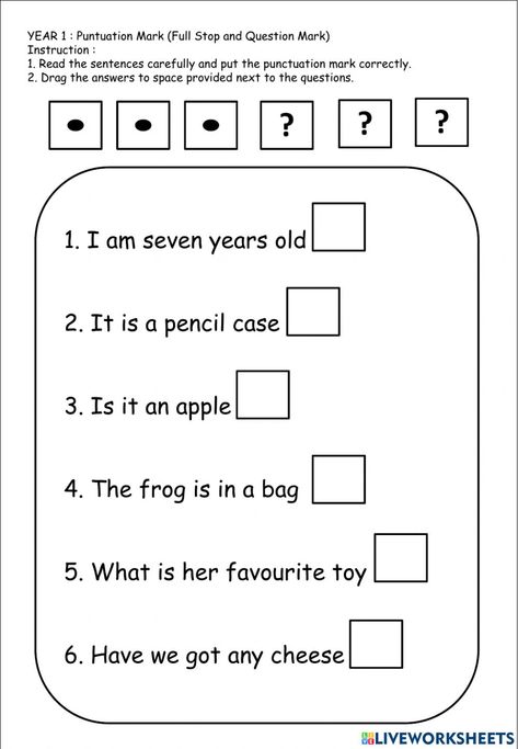 Question Mark And Full Stop Worksheet, Full Stop And Question Mark Worksheet, Question Mark Worksheet, English Year 1, Inspirational Bulletin Boards, Kindergarten Handwriting, Punctuation Worksheets, English Grammar Rules, Alphabet Worksheets Kindergarten