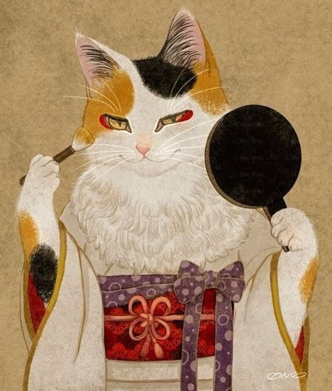 Butoh Dance, Icon Cat, Cat Art Prints, Calico Cats, Whimsical Paintings, Asian Painting, Japanese Cat, Cat Pose, Rabbit Art