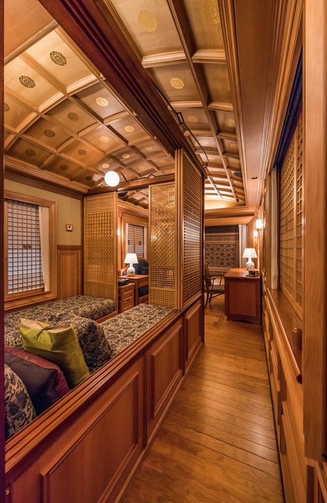 Train Japan, Japanese Train, Kyushu Japan, Japanese Island, Train Vacations, Natural Wood Decor, Scenic Train Rides, Luxury Train, Bar Service