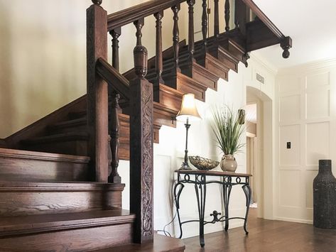 Extensive 1930's Tudor remodel and addition - Traditional - Staircase - Cleveland - by Alberino Construction | Houzz Tudor Staircase, Tudor Remodel, Box Beam Ceiling, Beam Ceilings, Dark Trim, Traditional Staircase, House Trim, Wood Staircase, Custom Kitchen