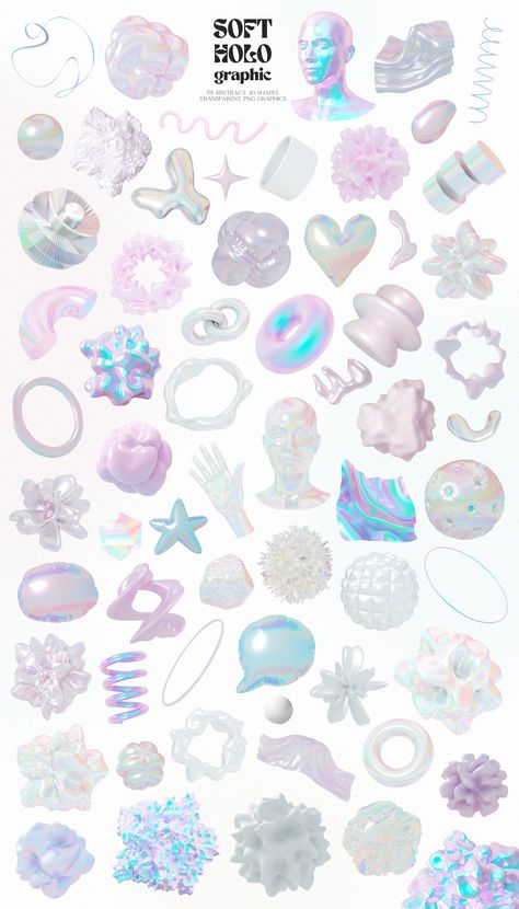 Soft Holographic Aesthetic, Shapes For Design, Aesthetic Shapes, 2024 Design Trends, Alfabet Font, Print Instagram, 3d Holographic, Design Shapes, 3d Elements