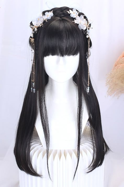 SKU: LIN02015 Fabric: High Temperature Wire Season: Spring, Summer, Autumn, Winter Include: Wig*1 (Any of the accessory is not included.) Length: 65cm Cute Fairy Hairstyles, Retro Hairstyles For Long Hair, Black Wig Hairstyles, Cute Wigs, Hairstyles Wig, Hanfu Hairstyles, Chibi Hair, Spring Summer Autumn Winter, Cosplay Hair