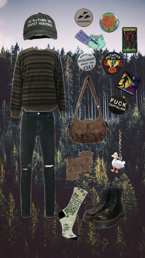 #cryptidcore #outfitinspo #nature #cryptidcoreoutfit #cryptidaesthetic #cryptidhunter #mothman #bigfoot #aliens #ghosts #ghosthunter #forest Cryptidcore Aesthetic Outfits, Cryptidcore Fashion, Cryptidcore Outfit, Cryptidcore Aesthetic, Steampunk Heart, Gender Fluid Fashion, Hunter Outfit, Ripped Jeans Outfit, Ghost Hunters