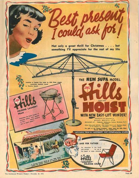 Hills Hoist Ad - Australian Women's Weekly, November 1956 Hills Hoist, Australian Vintage, Australia History, Vintage Laundry, Old Advertisements, Retro Advertising, Retro Ads, Old Ads, Retail Space