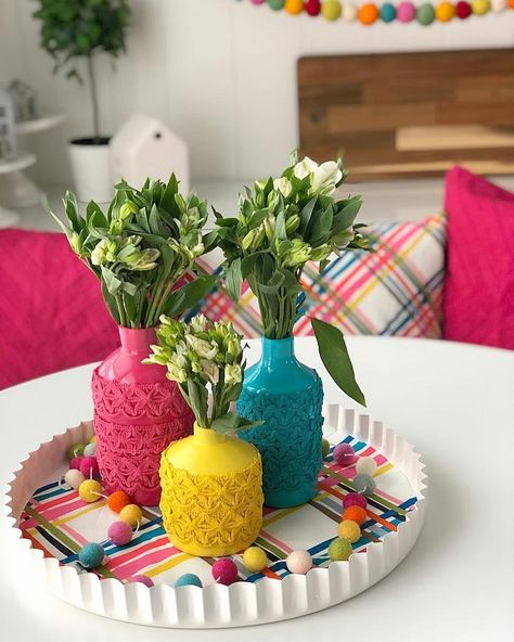 Happy Thursday! It’s time for another three ingredient challenge! Today’s three ingredients are fabric, paint, and trim. I am sharing Anthropologie-inspired COLORFUL vases and a happy kitchen vignette on the blog! Just click on the link in my bio to see this easy DIY! 💗💛💙💚🧡❤️ . . And be sure to check out the amazing projects by my talented friends who also made DIY projects with fabric, paint and trim: @happyhappynester @modernglamhome @hallstromhome @thediymommy @my100yearoldhome @... Bee Stencil, Spring Vases, Cottage French, Indian Room Decor, Colourful Living Room Decor, India Home Decor, Ethnic Home Decor, Craft Kids, Colourful Living Room