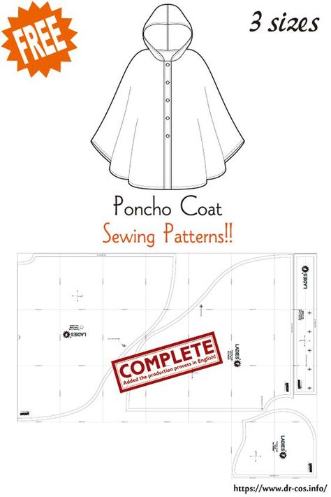 This is the pattern of Poncho Coat. inch size(letter size) Children's-F/Ladies'-F/Men's-F cm size(A4 size) Children's-120/Ladies'-F/Men's-F Added the number of fabric meters required for each size ❤️The production process is now uploaded to the site. Rain Coat Pattern Sewing, Diy Poncho Pattern Sewing, Poncho Coat Pattern, Ice Wizard, Hooded Poncho Pattern, Mood Patterns, Poncho Pattern Sewing, Cape Pattern Sewing, Mens Sewing Patterns