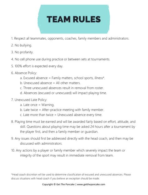 Volleyball Team Rules from Get The Pancake. Free download here: http://getthepancake.com/team-rules-a-free-printable-for-your-club-team/   #volleyball #sports #team #rules Team Goals For Volleyball, Softball Team Rules, Team Expectations Sports, Cheerleading Rules And Expectations, Cheer Coach Printables Free, Rules For Volleyball, Volleyball Coaching Binder, Cheer Coach Practice Plan, Cheer Team Rules