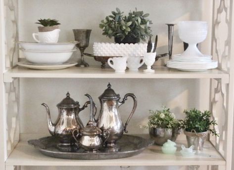 Silver Tea Set Display, Closet Arrangement, Tea Set Display, Modern Traditional Decor, French Country Decorating Living Room, Silver Ware, Silver Display, China Closet, Shelf Decor Living Room