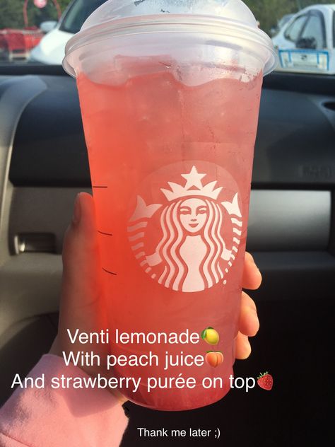 Starbucks Specialty Drinks, Strawberry Purée, Starbucks Drink Menu, Starbucks Secret Menu Recipes, Fun Drink Recipe, Cold Starbucks Drinks, Starbucks Drinks Diy, Secret Starbucks Recipes, Peach Drinks