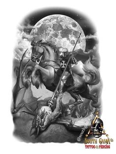 realistas2021 Saint George And The Dragon Tattoo, Saint George Tattoo, Templar Knight Tattoo, Knight And Dragon, Saint Tattoo, Dragon Moon, Bike Artwork, Saint George And The Dragon, Medieval Tattoo