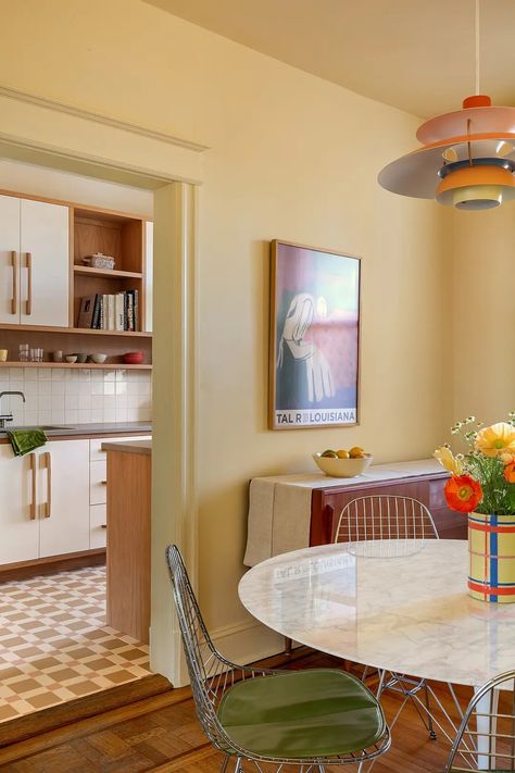 A Galley Kitchen Reno with Retro Cabinets and a Butter Yellow Dining Room Interior Colour Palette, Galley Kitchen Renovation, Yellow Rooms, Yellow Dining Room, Living Room And Kitchen Design, Retro Cabinet, Ett Hem, Interior Wall Paint, Colorful Interior